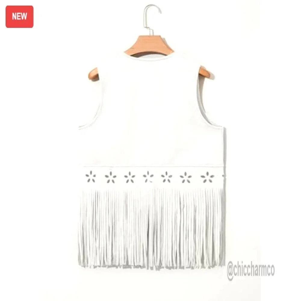 Faux Suede Fringe Vest Sleeveless Hollow Out Tassel Western Outerwear
